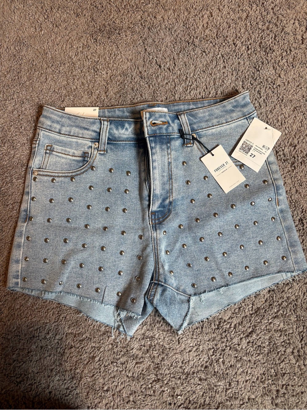Forever 21 Light Blue Studded High-Rise Denim Shorts